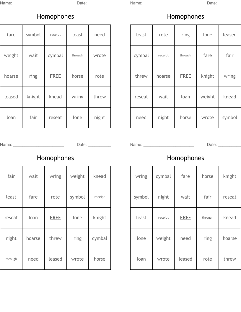 Homophones Bingo Cards