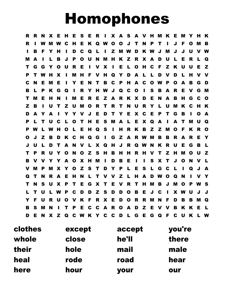 Homophones Word Search