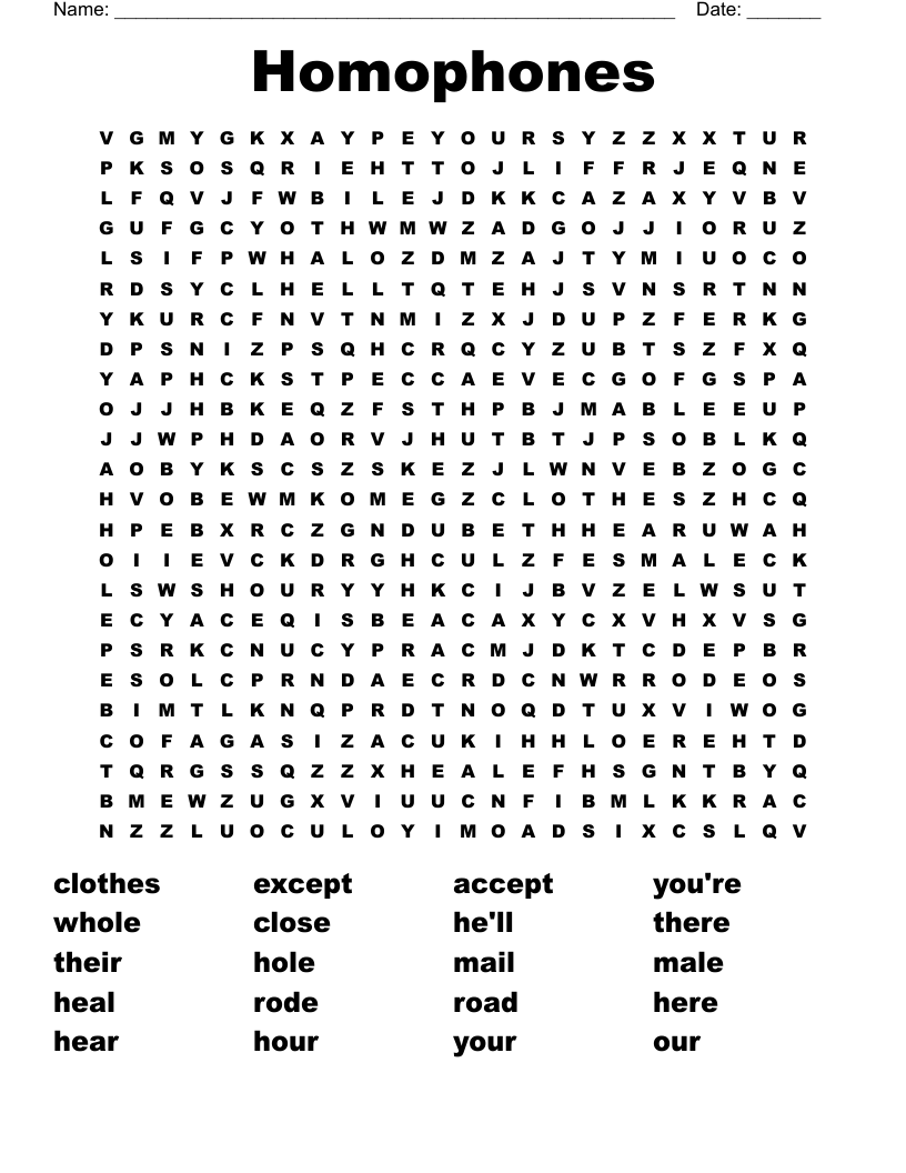 Homophones Word Search