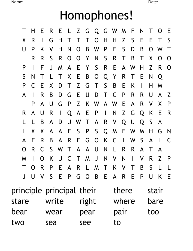 Homophones! Word Search
