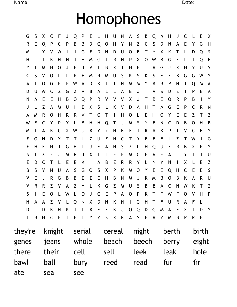 Homophones Word Search