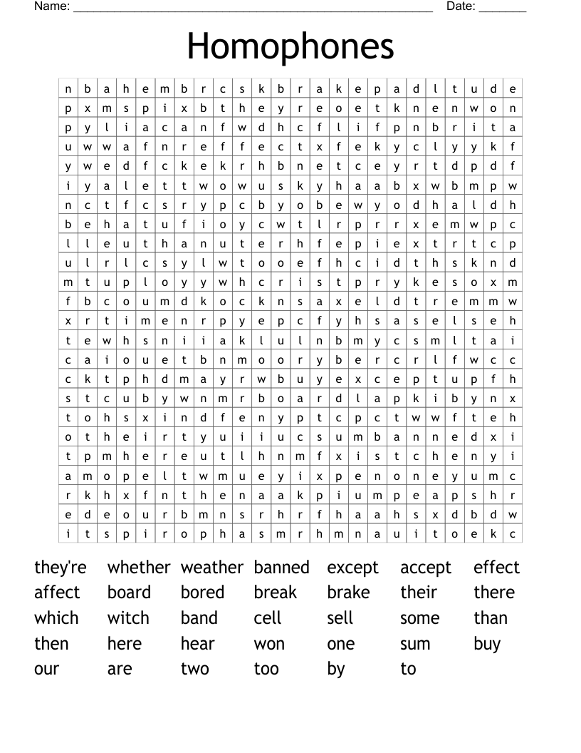 Homophones Word Search