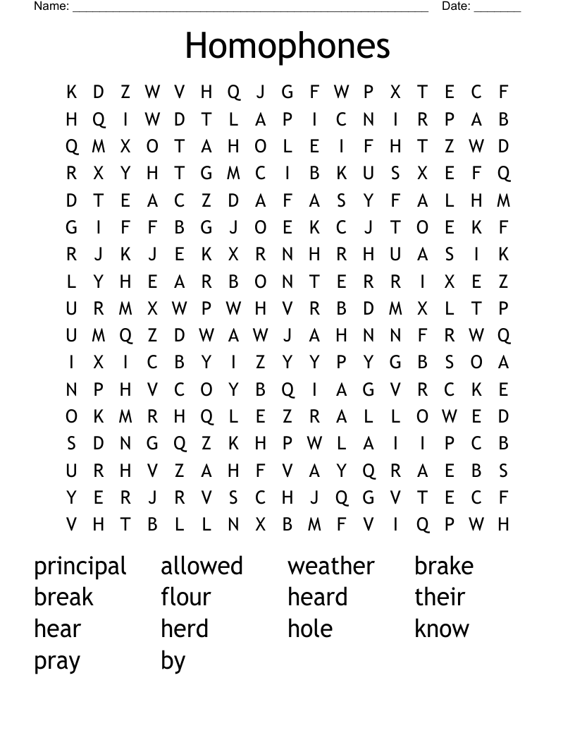 Homophones Word Search