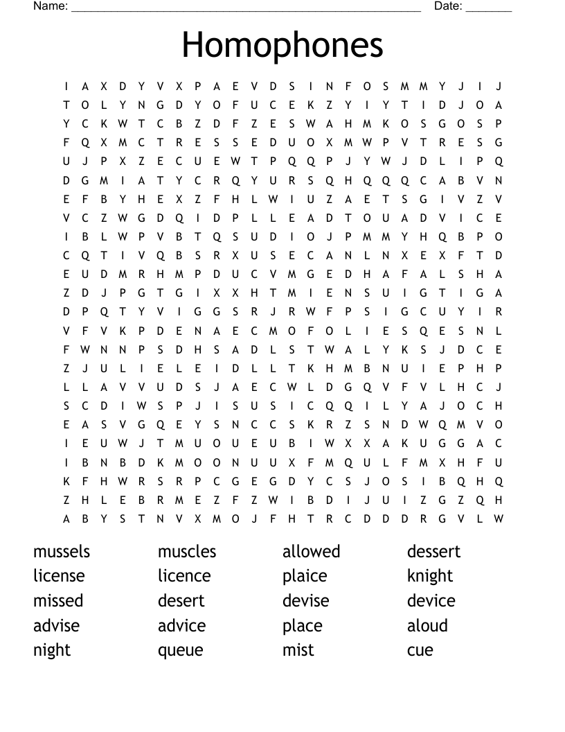 Homophones Word Search