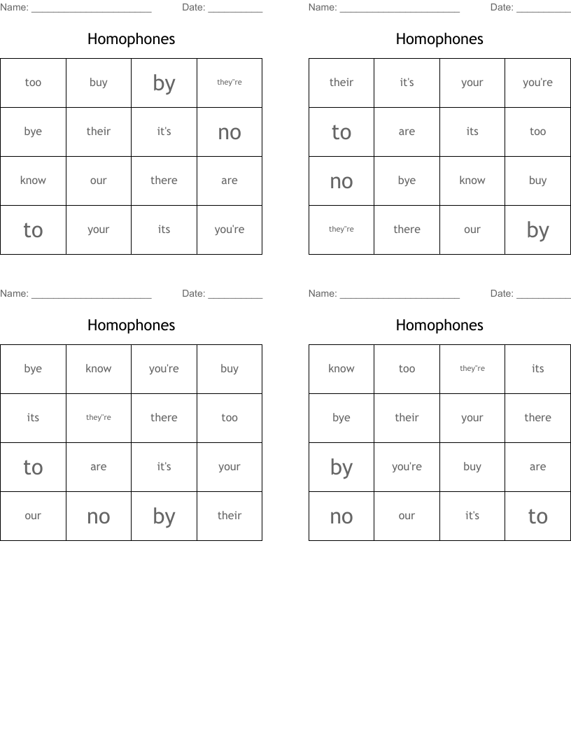 Homophones Bingo Cards