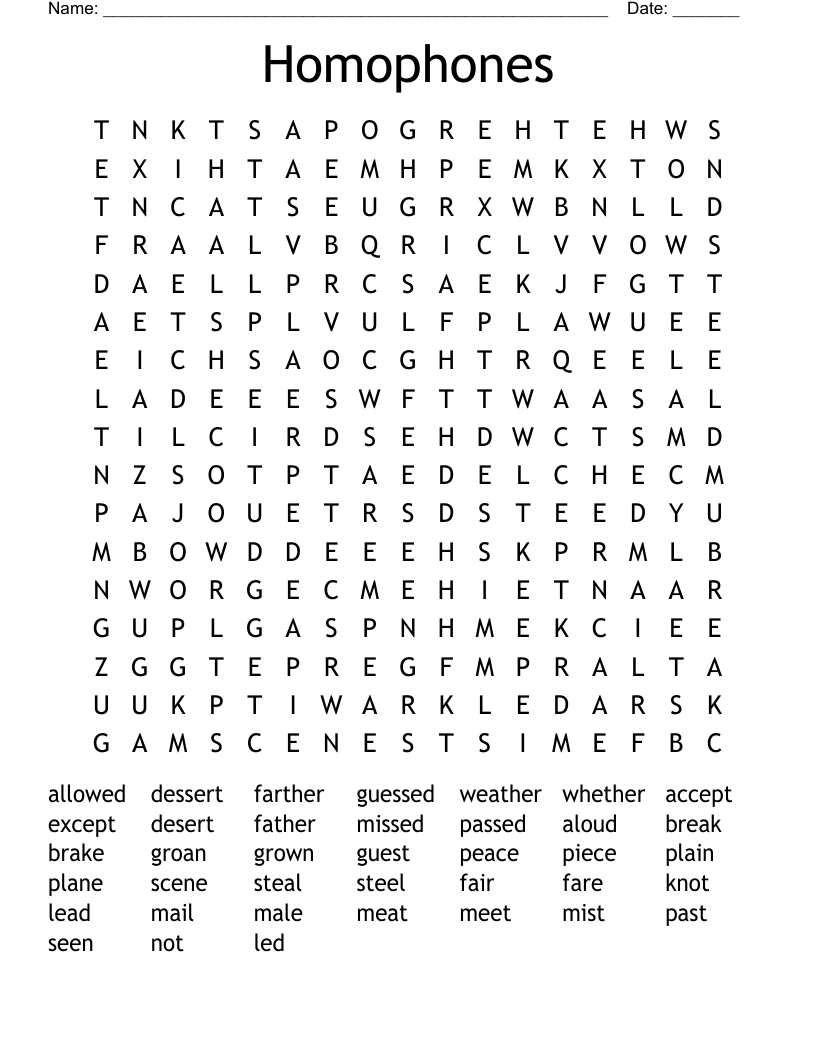 Homophones Word Search