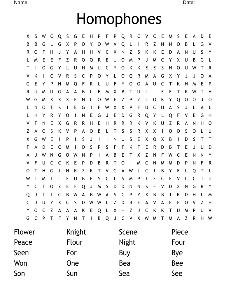 Homophones Word Search