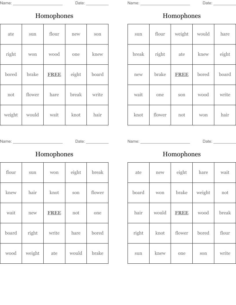 Homophones Bingo Cards