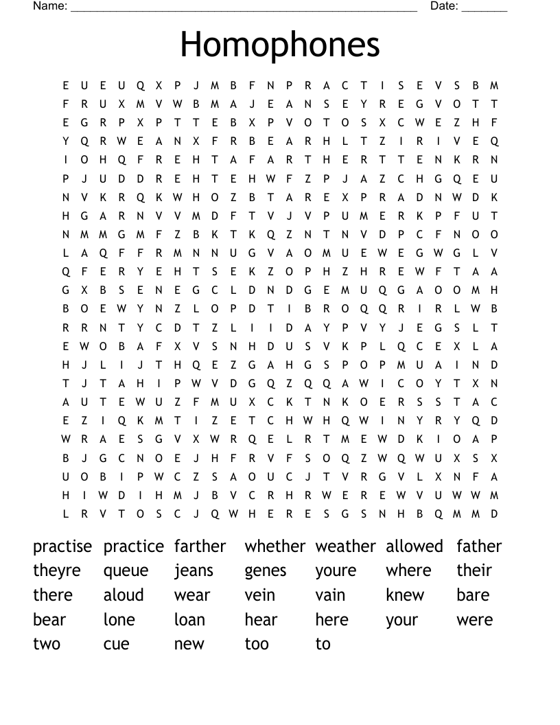 Homophones Word Search