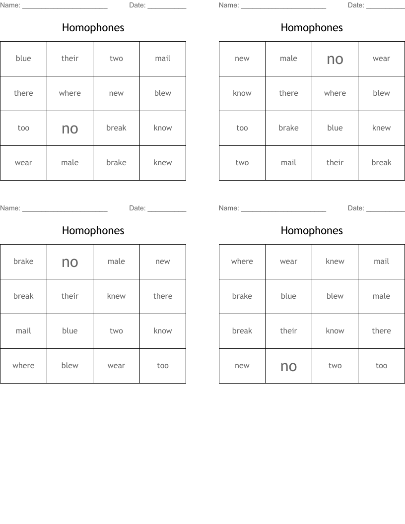Homophones Bingo Cards