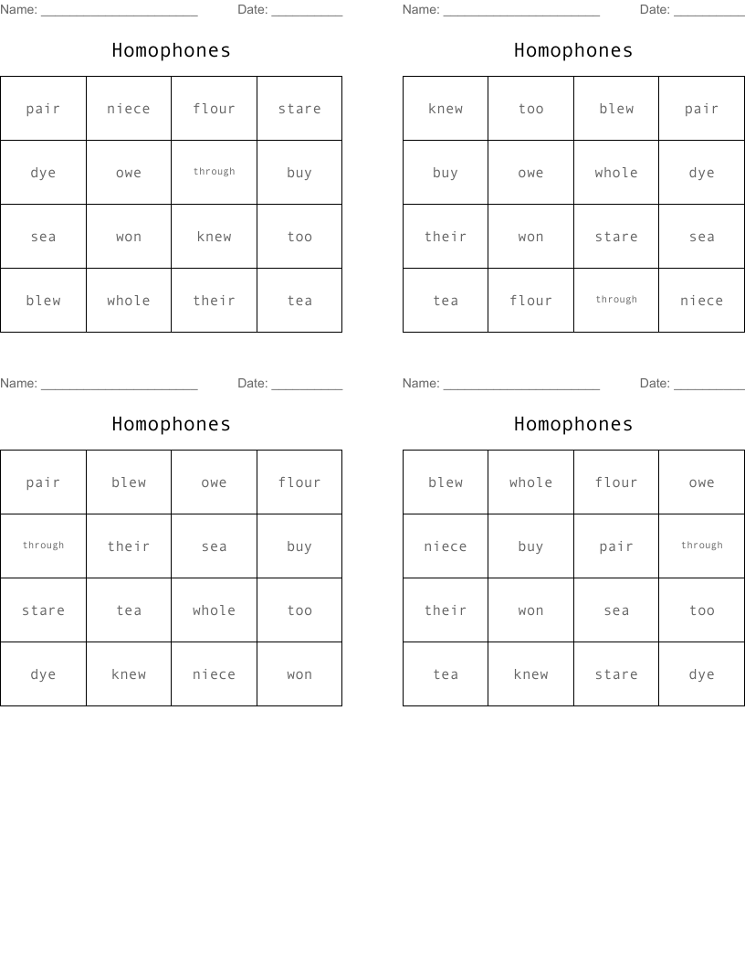 Homophones Bingo Cards