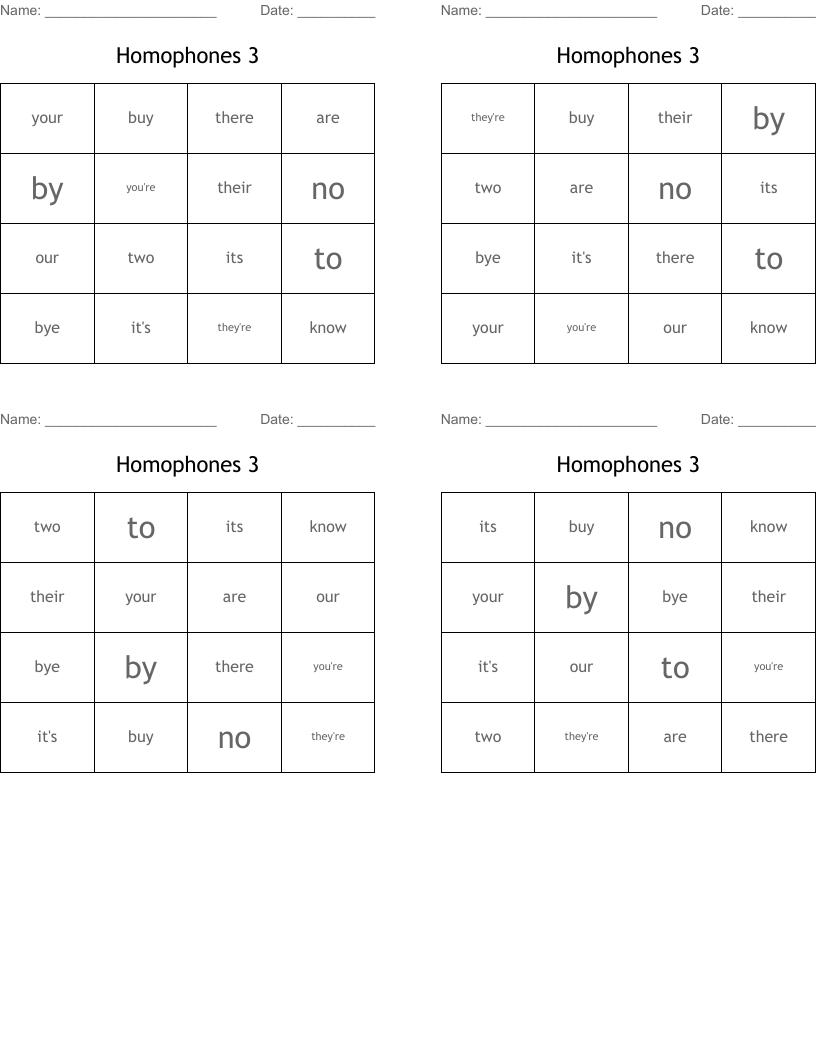 Homophones 3 Bingo Cards
