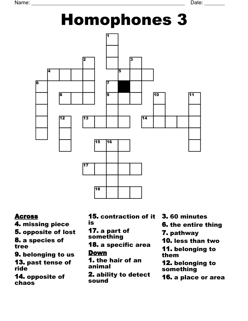 Homophones 3 Crossword