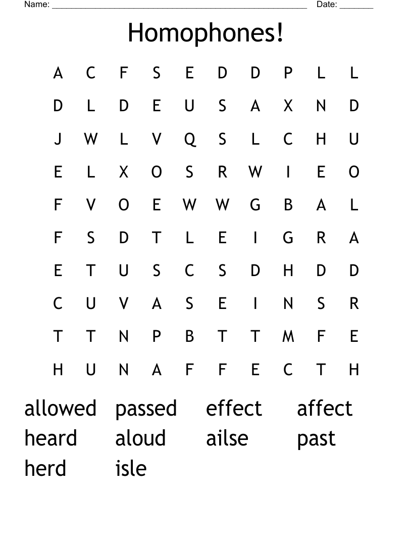 Homophones! Word Search