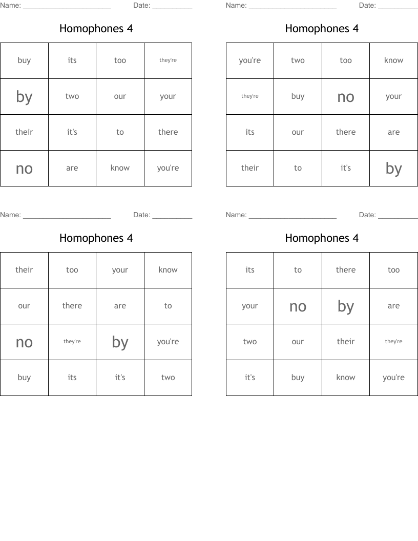 Homophones 4 Bingo Cards
