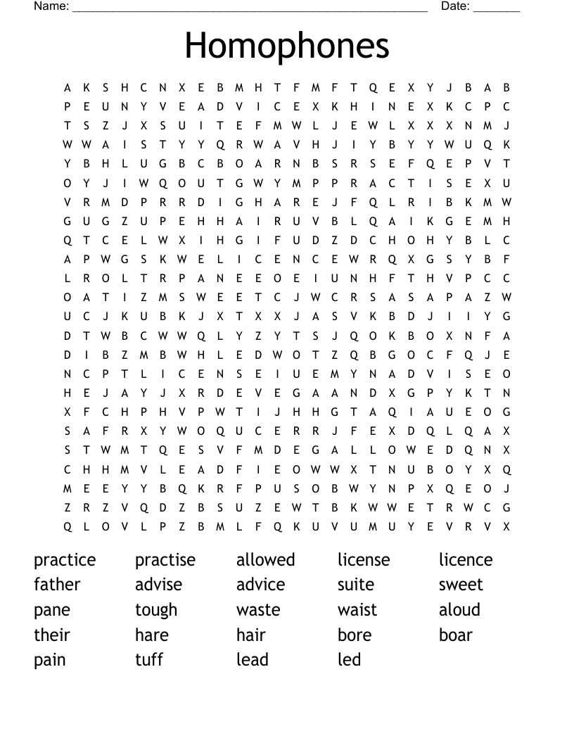 Homophones Word Search