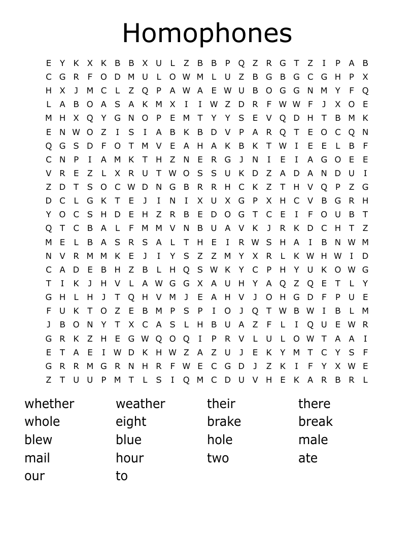 Homophones Word Search