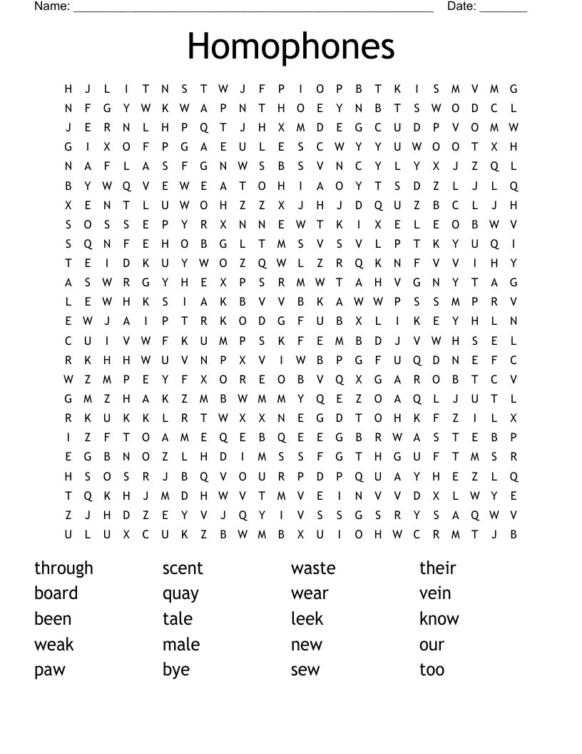 Homophones Word Search