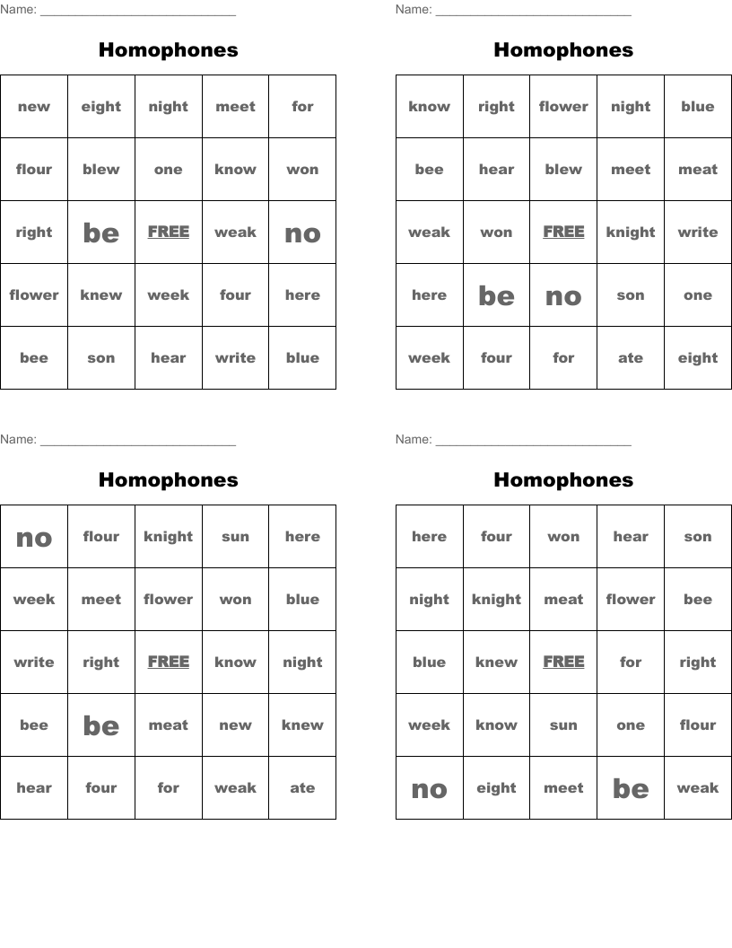 Homophones Bingo Cards