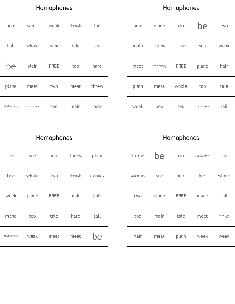 Homophones Bingo Cards