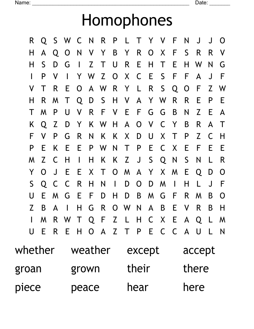Homophones Word Search