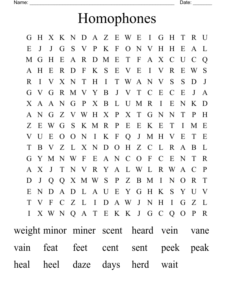 Homophones Word Search