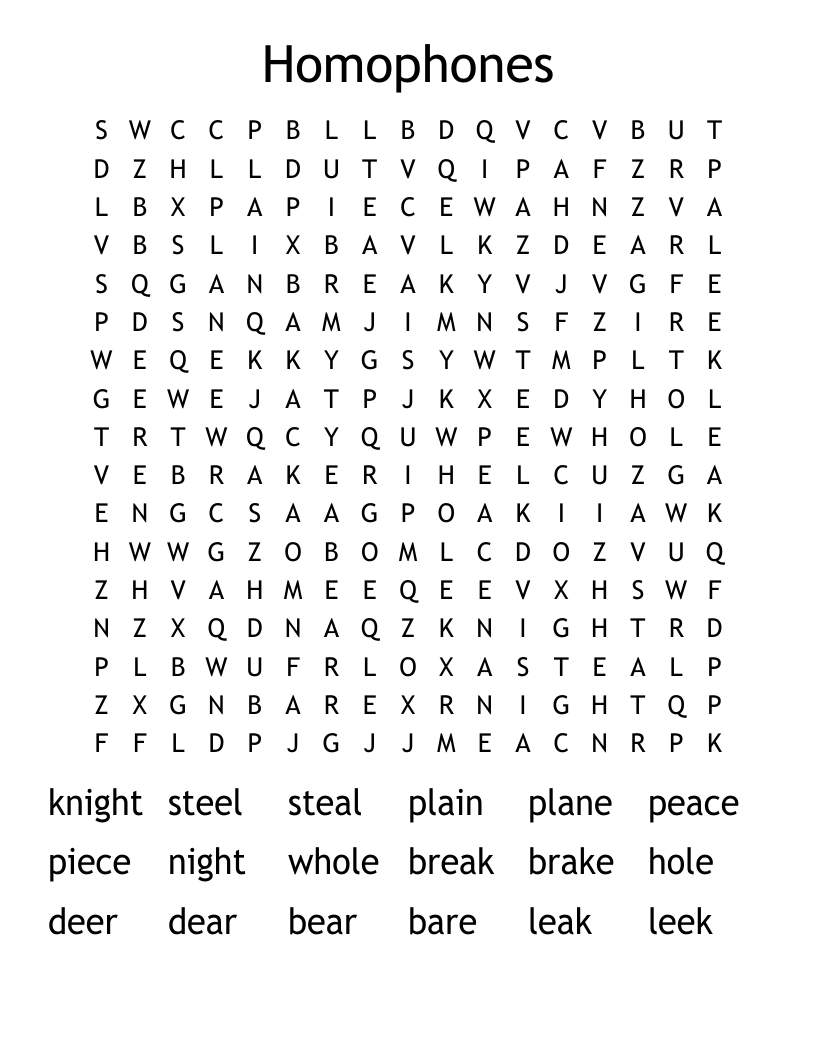 Homophones Word Search