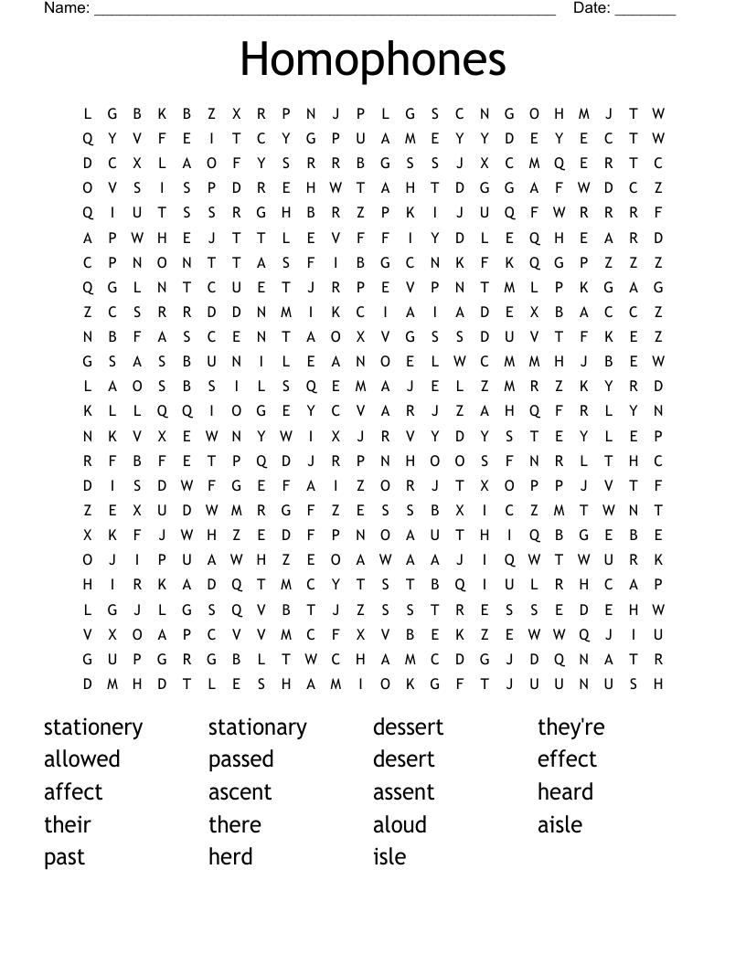 Homophones Word Search
