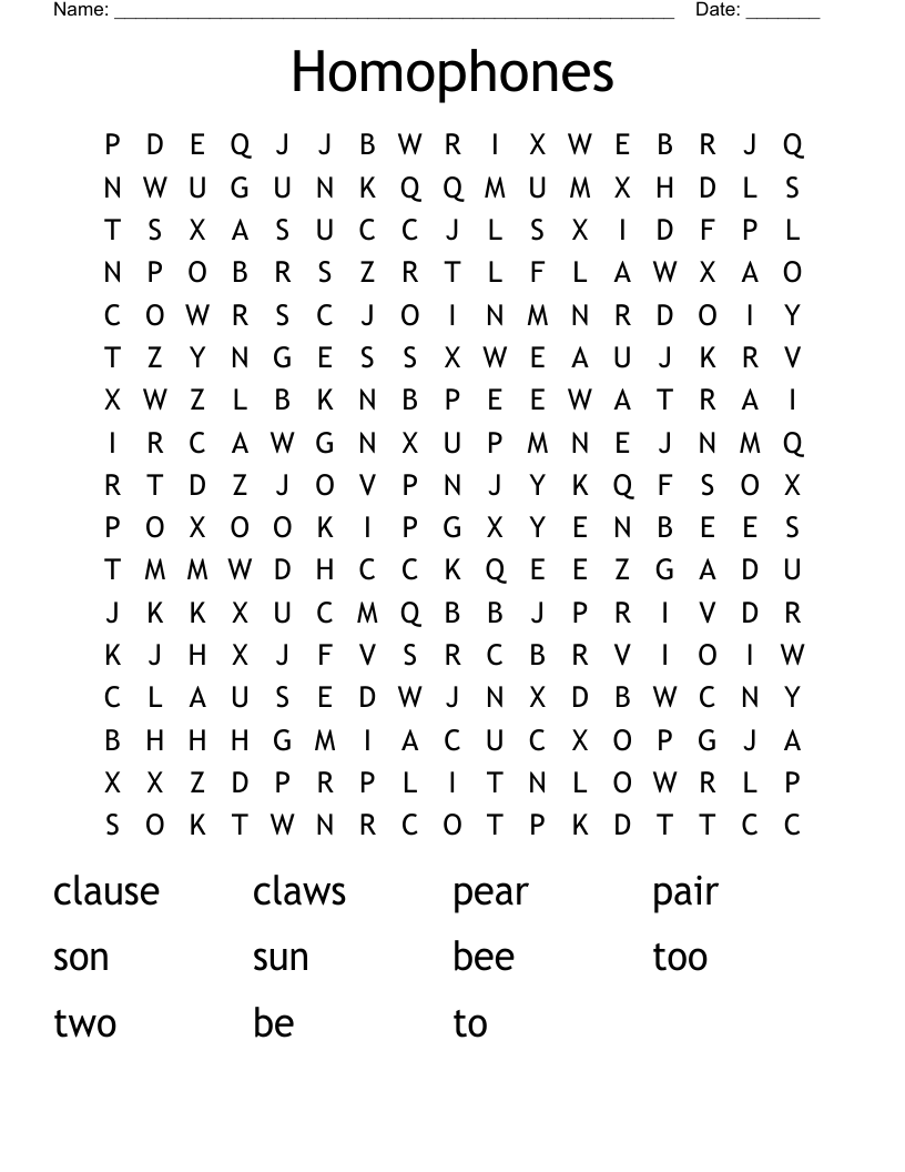 Homophones Word Search