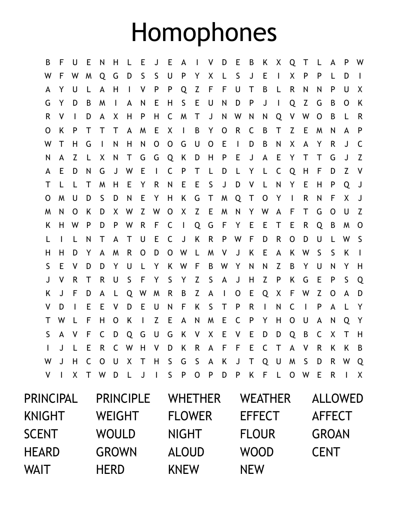 Homophones Word Search