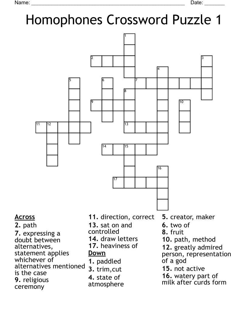 Homophones Crossword Puzzle 1
