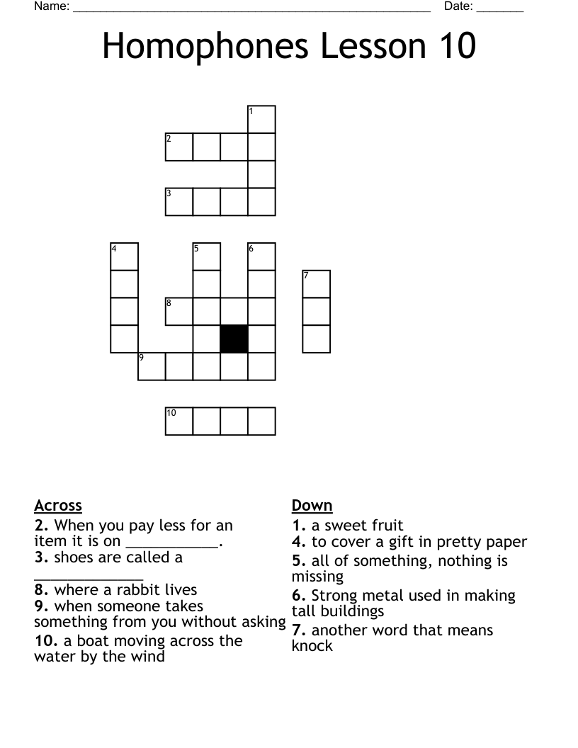 Homophones Lesson 10 Crossword