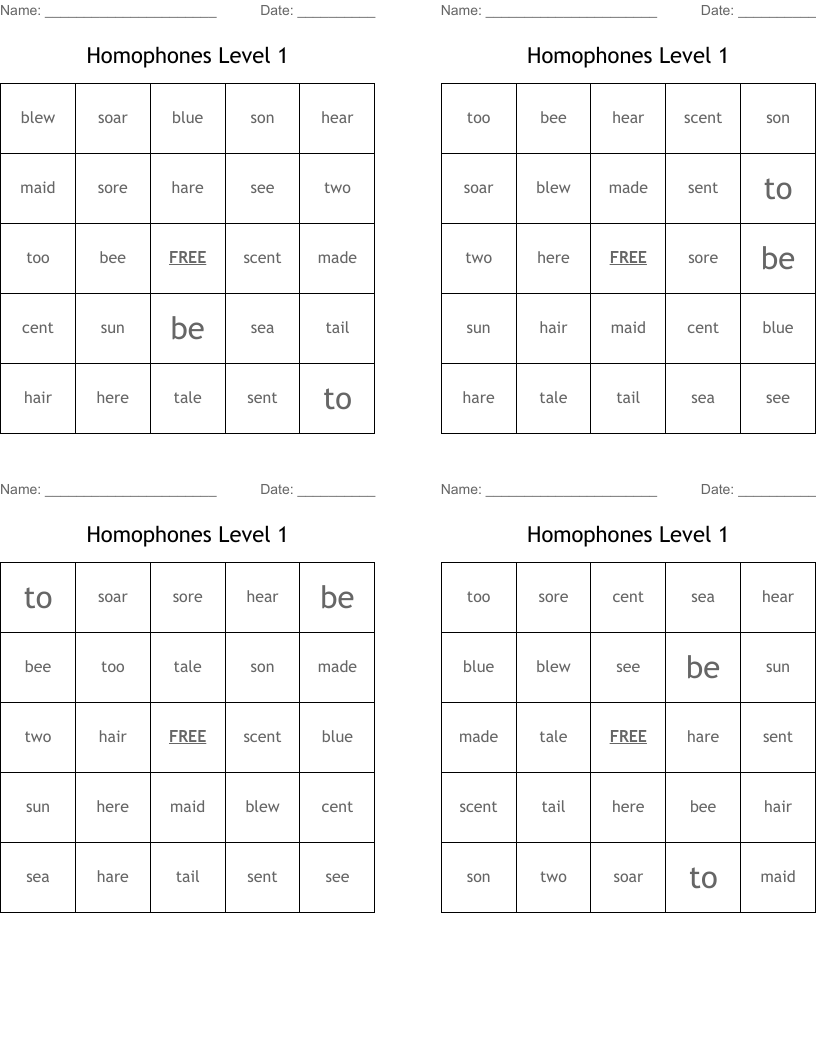 Homophones Level 1 Bingo Cards