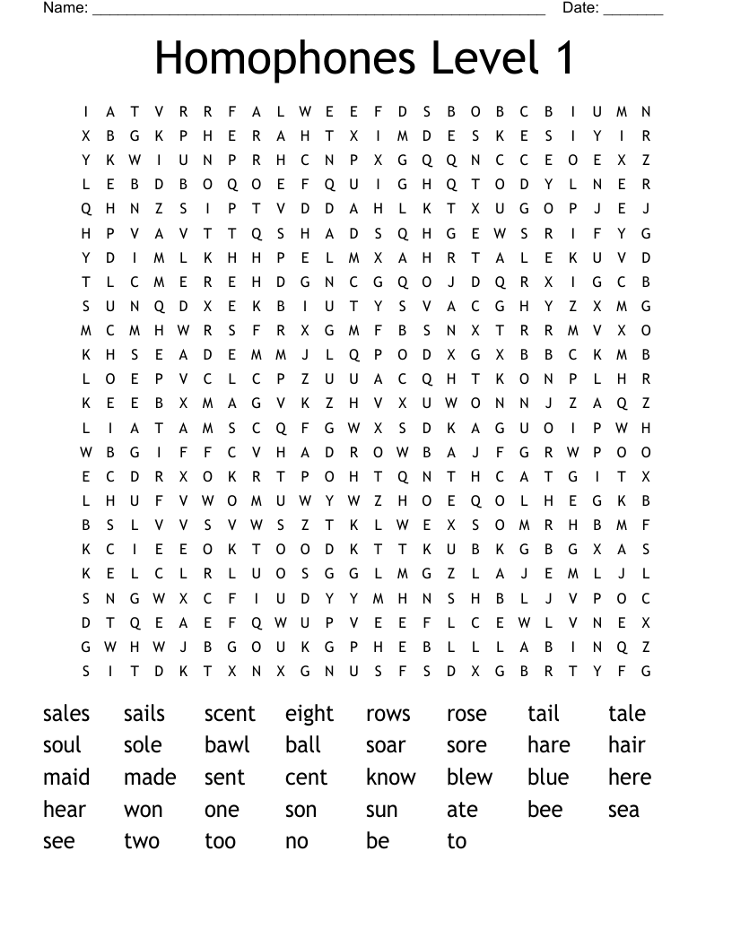 Homophones Level 1 Word Search