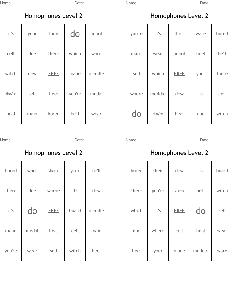 Homophones Level 2 Bingo Cards