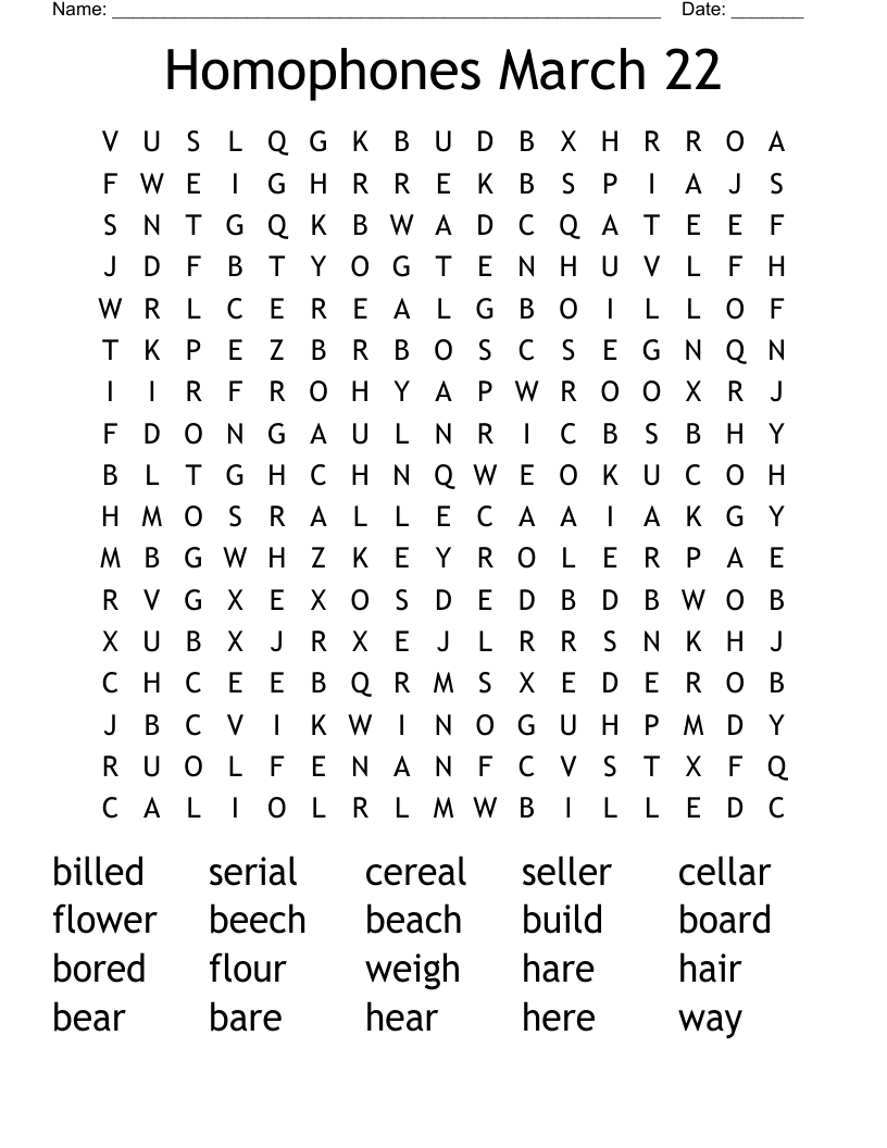 Homophones March 22 Word Search