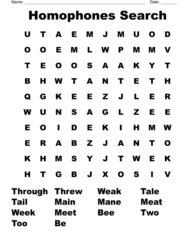 Homophones Search Word Search