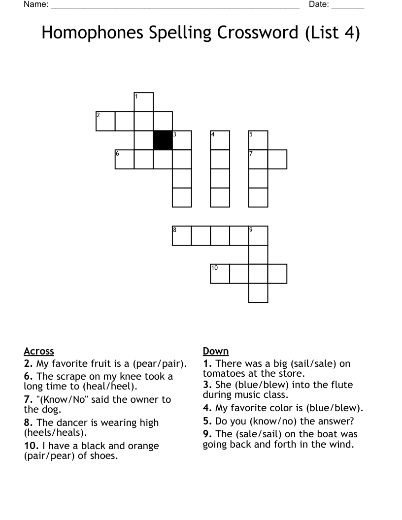 Homophones Spelling Crossword (List 4)