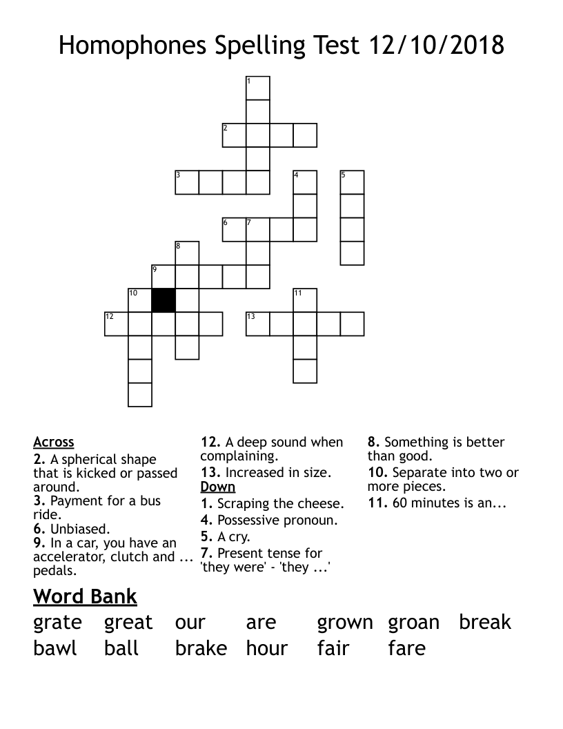 Homophones Spelling Test 12/10/2018 Crossword