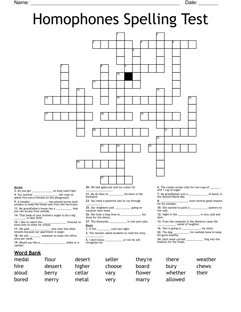 Homophones Spelling Test Crossword