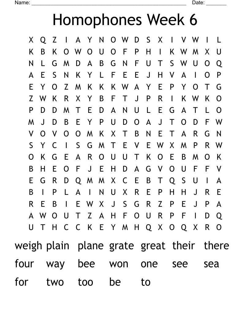 Homophones Week 6 Word Search