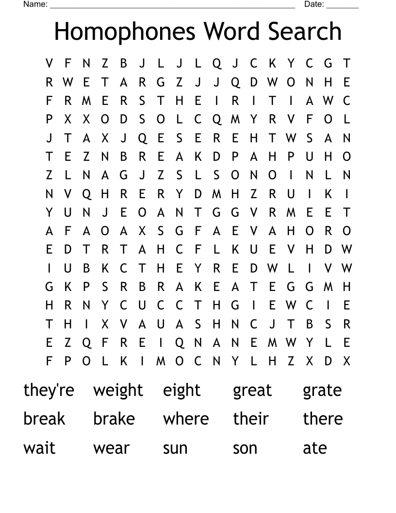 Homophones Word Search