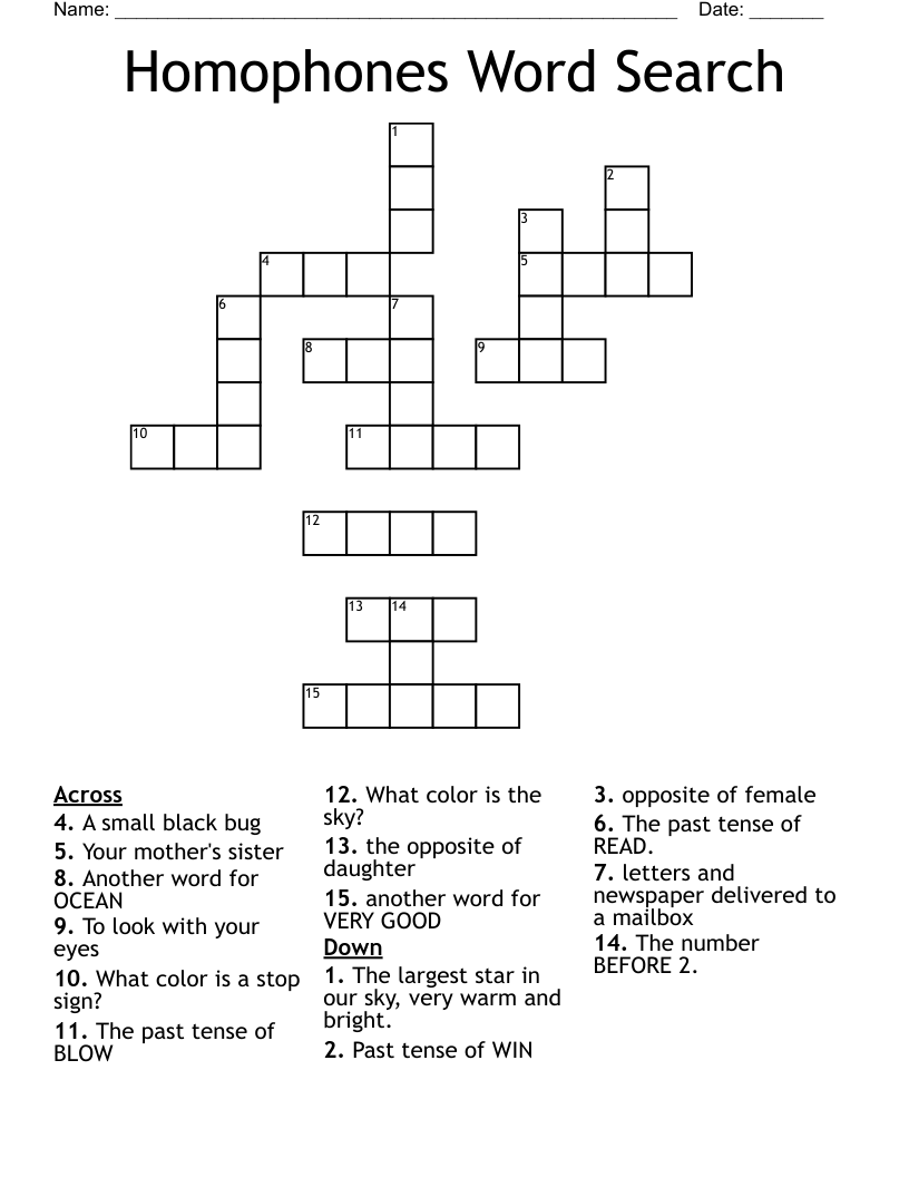 Homophones Word Search Crossword