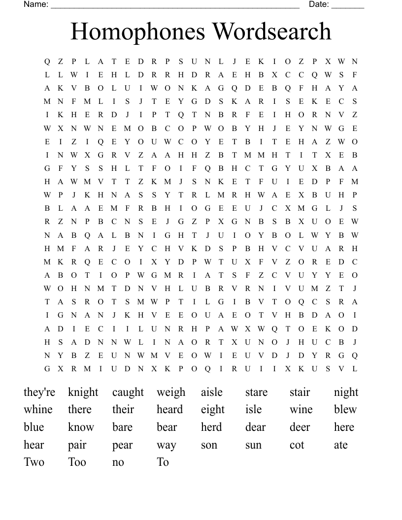 Homophones Wordsearch
