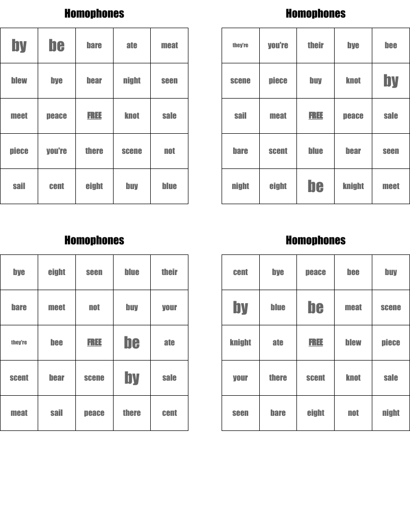 Homophones  Bingo Cards