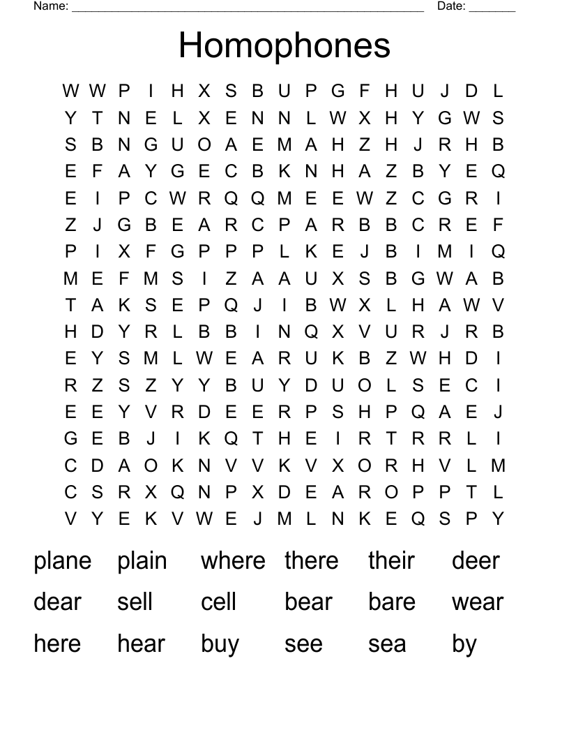 Homophones  Word Search