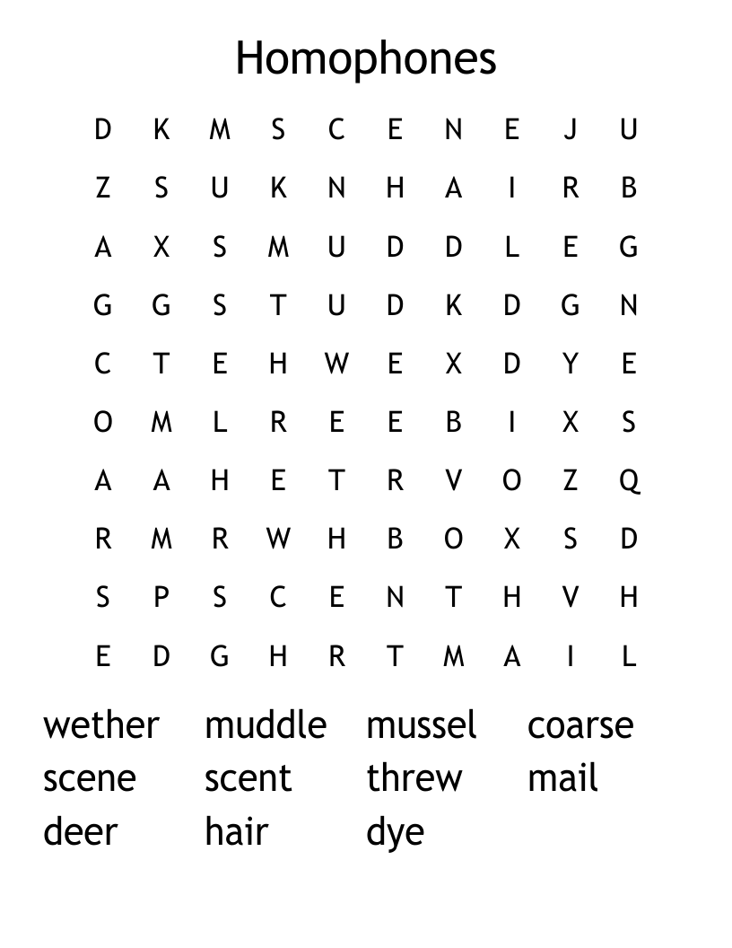 Homophones  Word Search