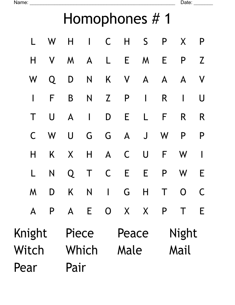 Homophones # 1 Word Search