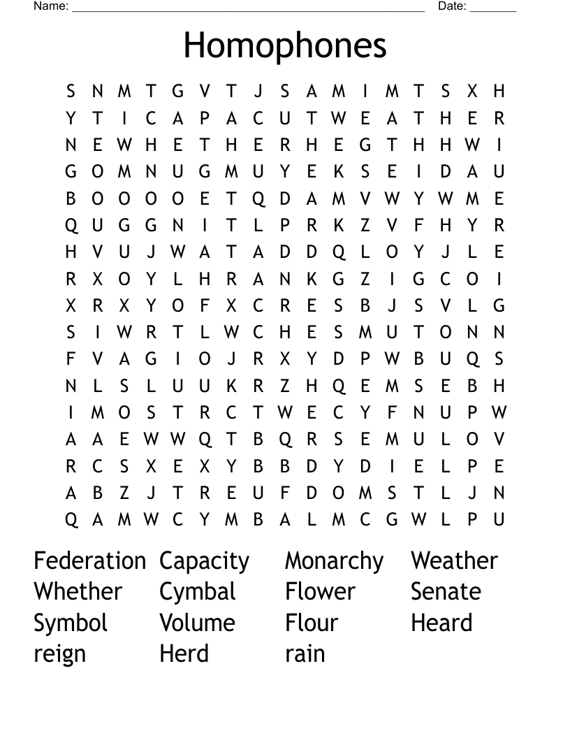 Homophones  Word Search