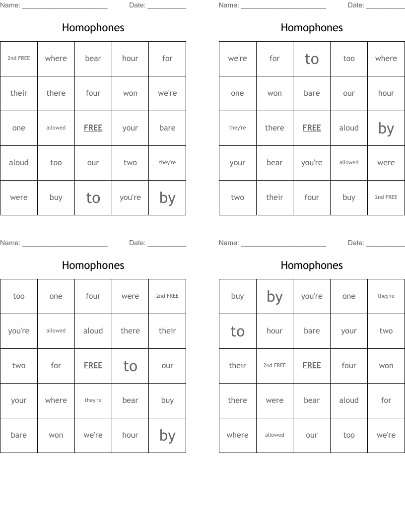 Homophones  Bingo Cards